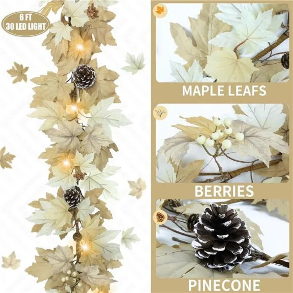 6 FT Realistic Fall Garland with Lights Timer Function Fall Leaves Maple